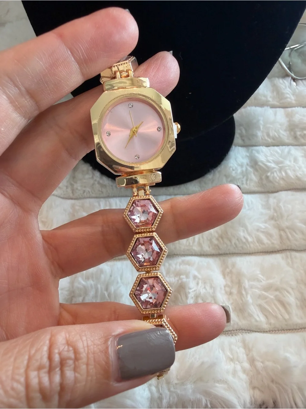 Gold-Tone Pink Crystal Bracelet Watch